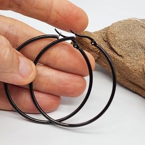 Black Earrings Hoop Enameled  Surgical Steel Hypoallergenic Jewelry